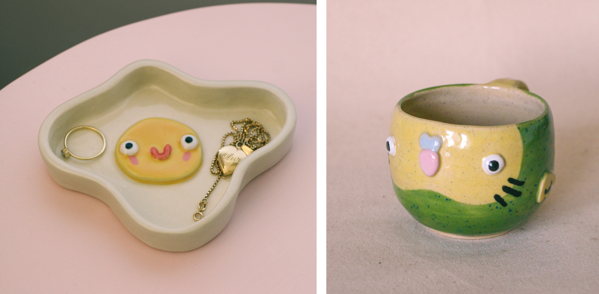 Ceramic ring dish shaped like a fried egg with a face and ceramic mug that looks like a green budgie