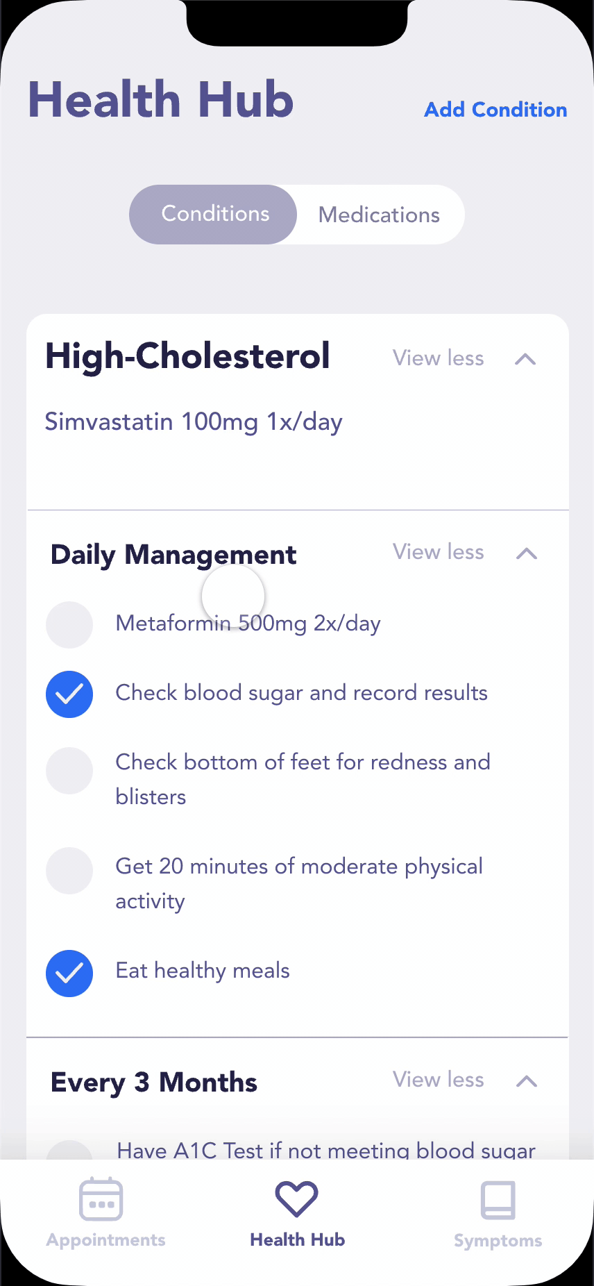 video of condition and medication information tabs