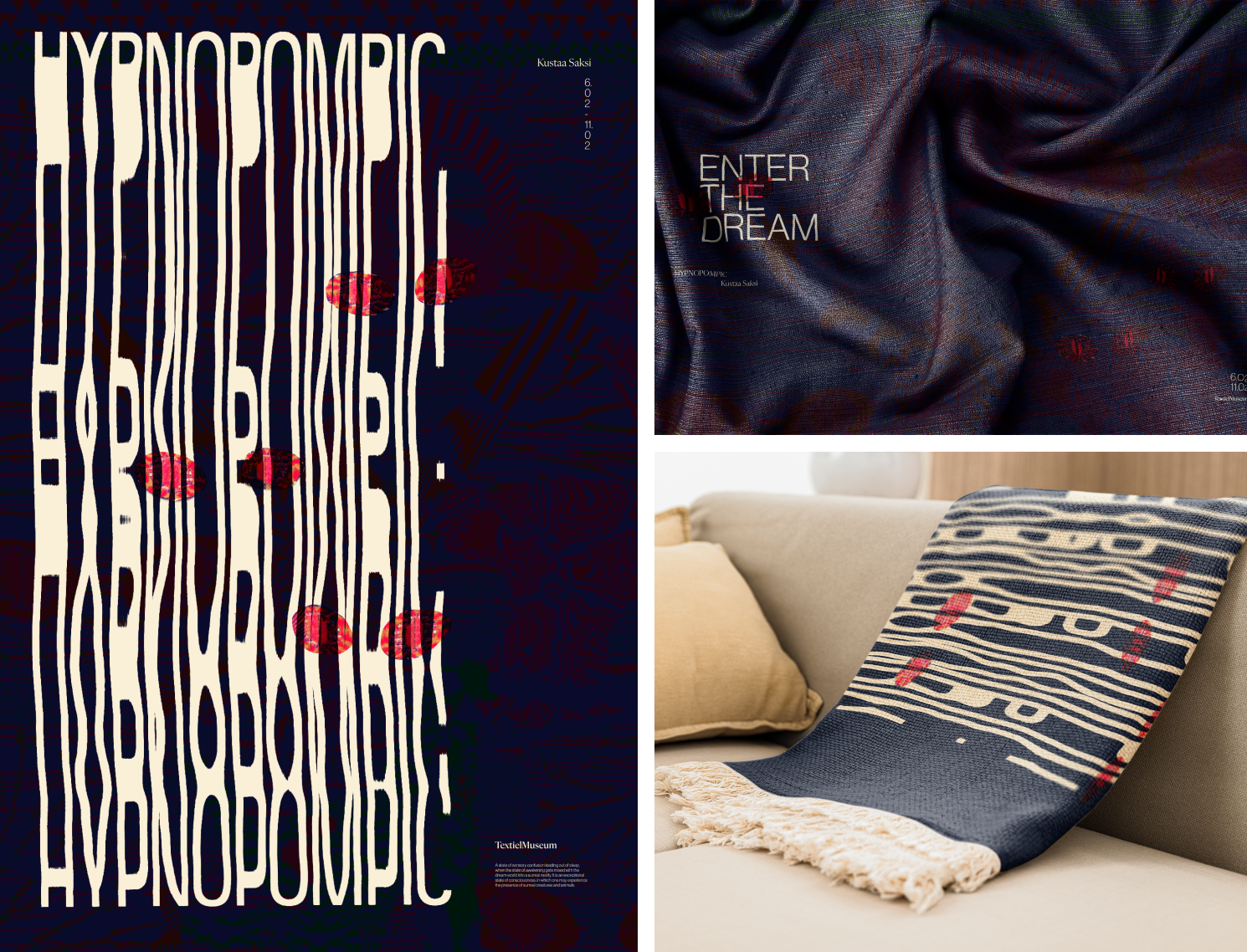 Poster and various textiles to display visual identity