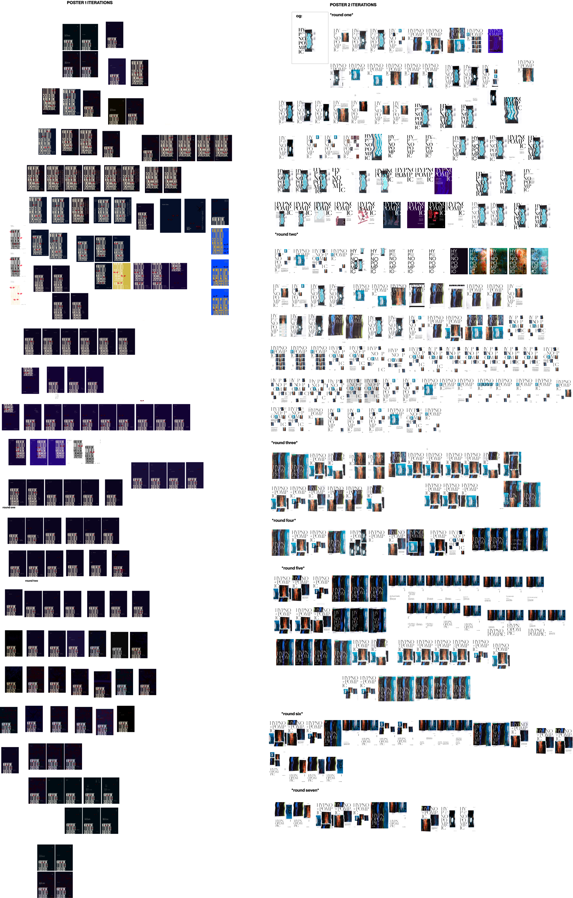 Numerous poster iterations exploring layout for each visual identity