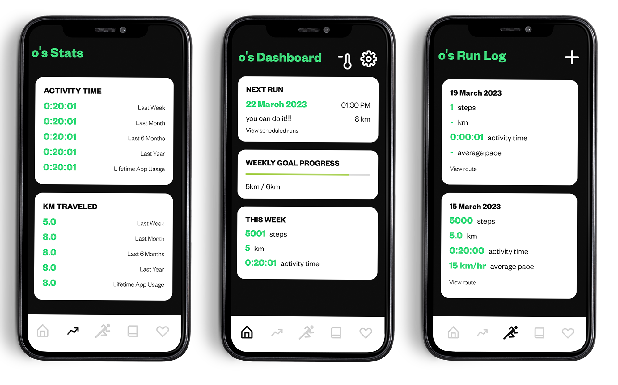 different screens displaying stats to view progress