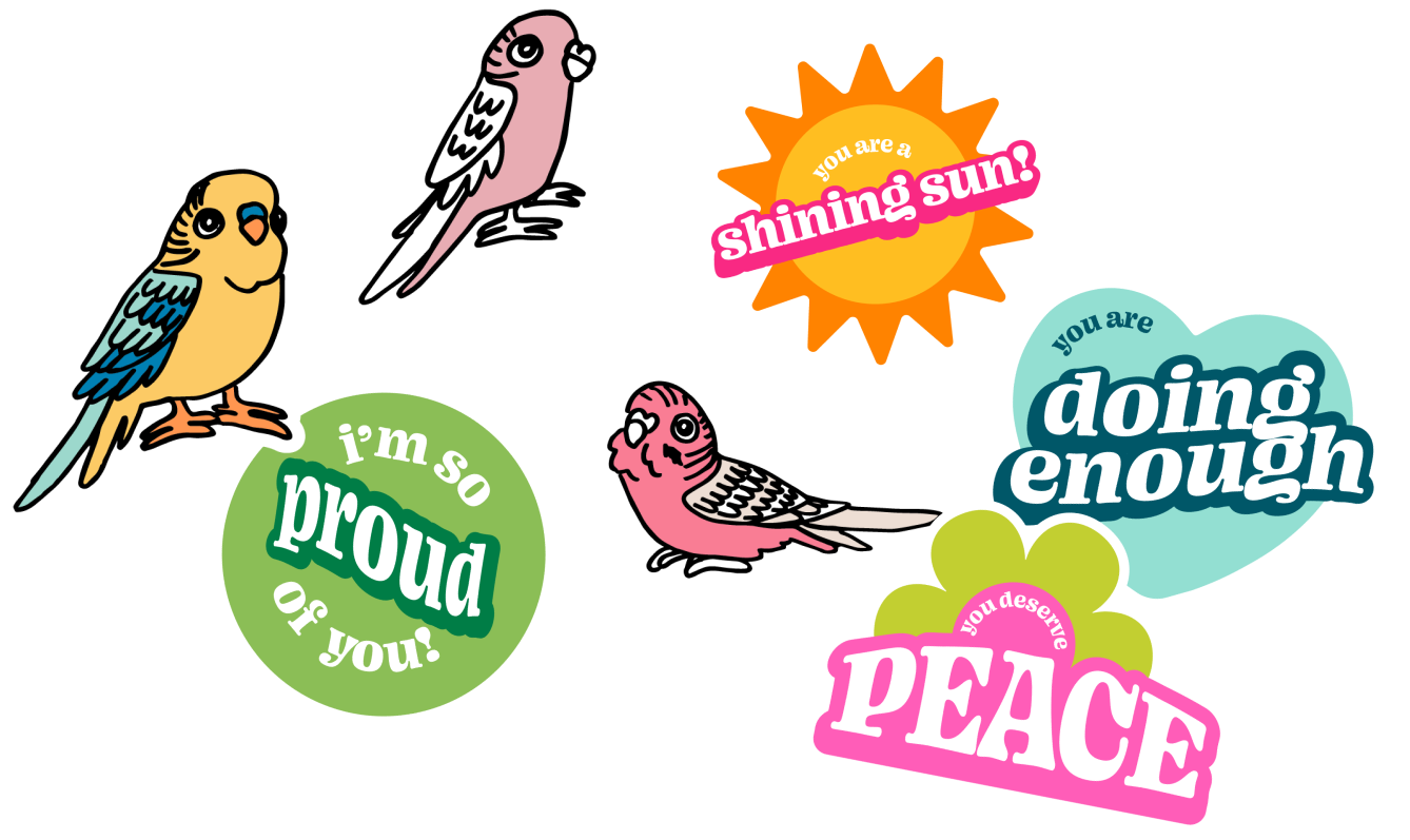 Parrot doodles and positive affirmation sticker graphics used in branding