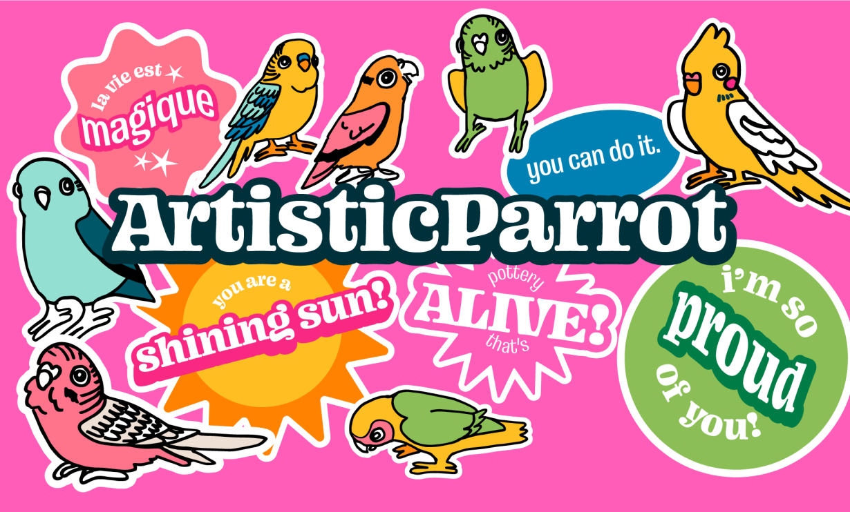 Business card with doodle graphics and positive affirmation stickers on hot pink background