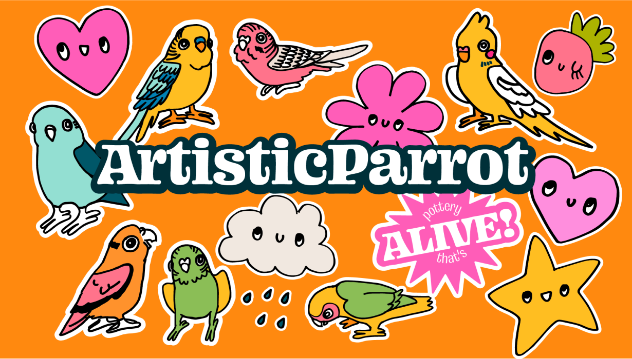 Business card with doodle graphics on bright orange background