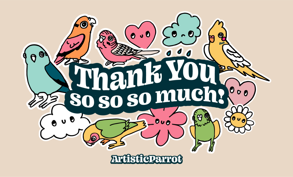 Front of business/thank you card with doodle graphics on tan background